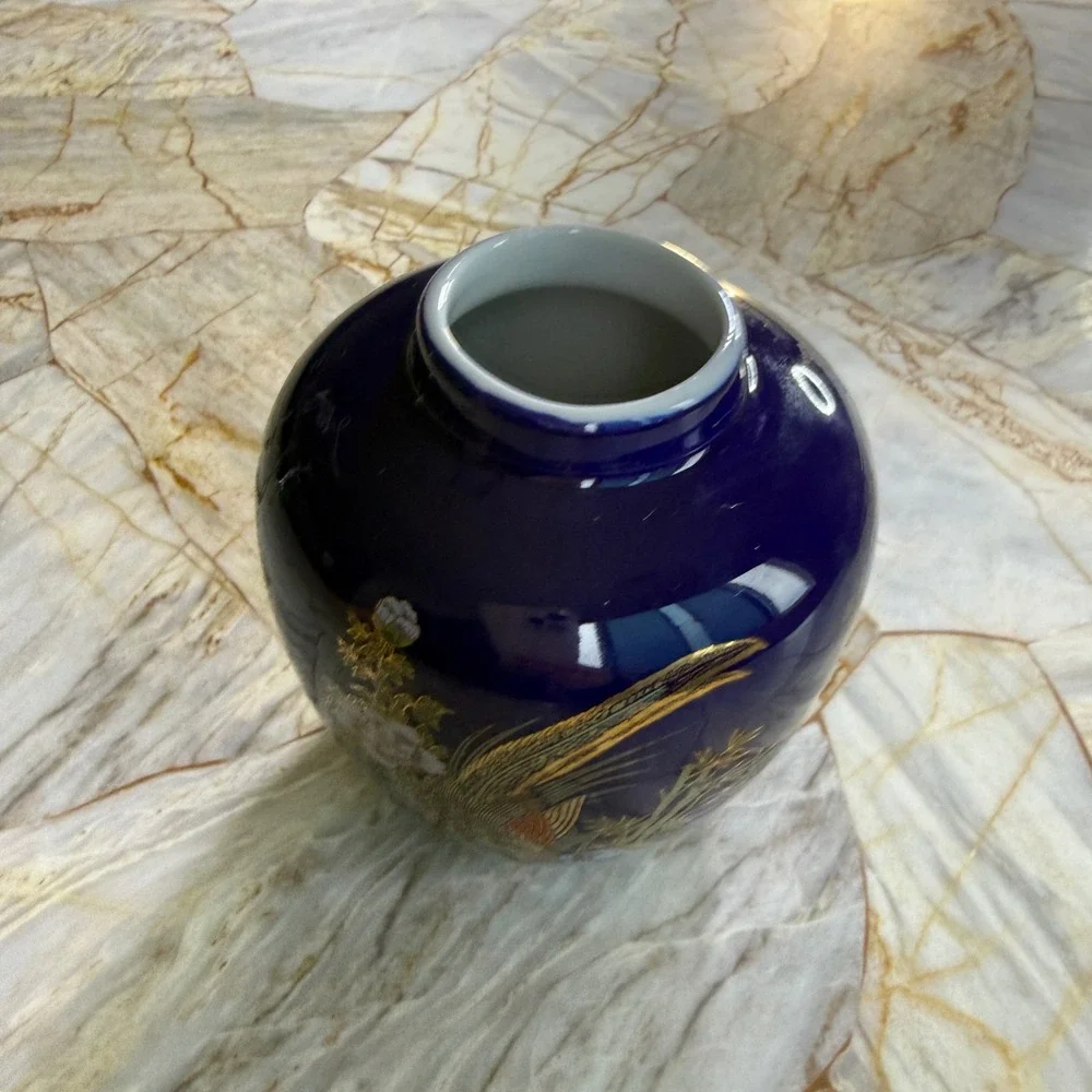 Cobalt Blue Gold Pheasant Peony Porcelain Bud Vase Chinoiserie Asian Decor